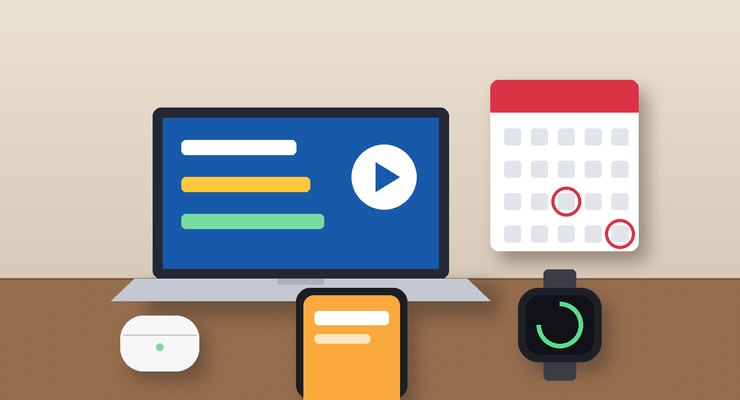 Laptop, smartphone, smartwatch and earbuds on a desk next to a launch calendar